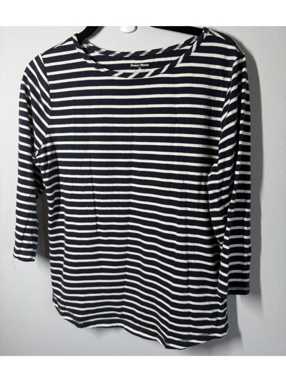 Studio Works Womens M Striped Top 3/4 Sleeve Navy Blue/White Nautical Casual